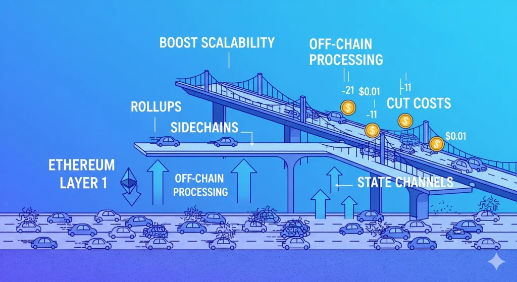Infographic explaining layer 2 altcoins as scaling solutions built on Ethereum Layer 1 blockchain