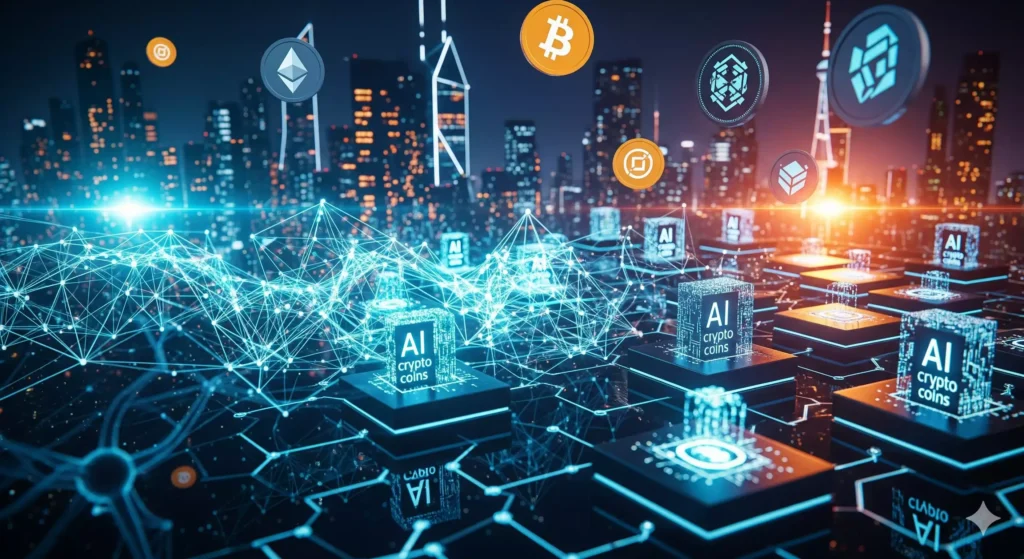 AI crypto coins represented by neural networks merging with blockchain grids in 2025.