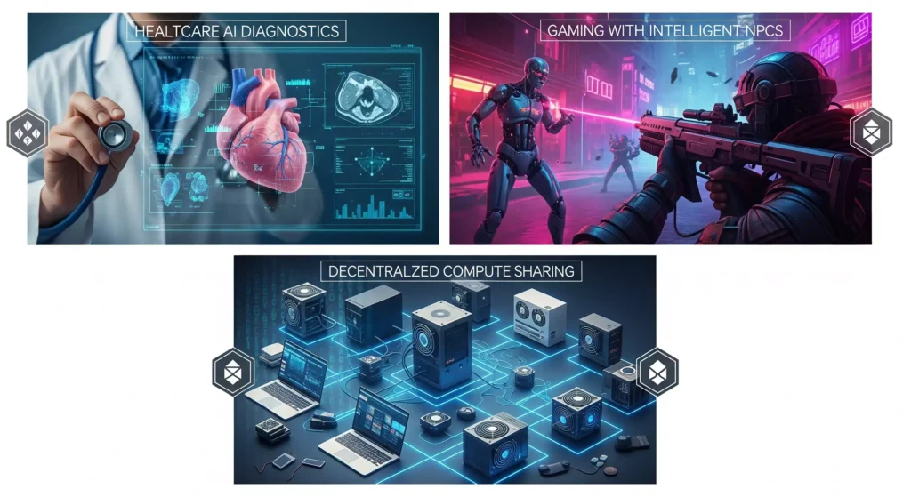 Real-world case studies of AI crypto coins in healthcare, gaming, and compute sharing.