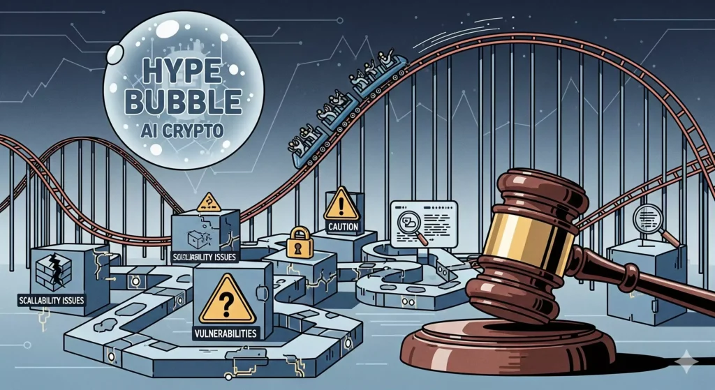 Illustration of risks and challenges of AI crypto coins including volatility, hype, security, and regulation.