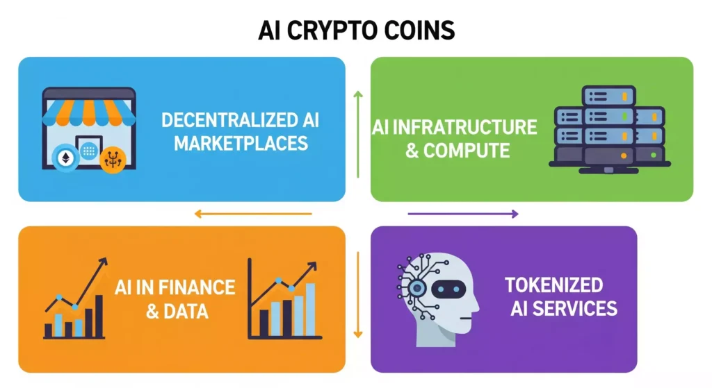 Infographic showing categories of AI crypto coins in 2025.