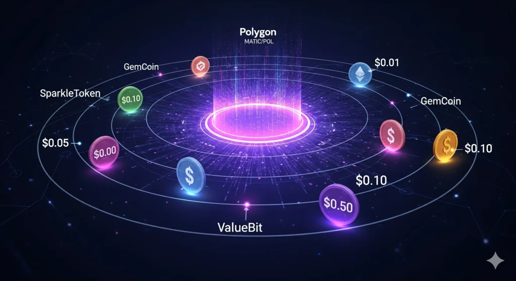 Polygon altcoins under $1 in 2025 - futuristic crypto illustration.