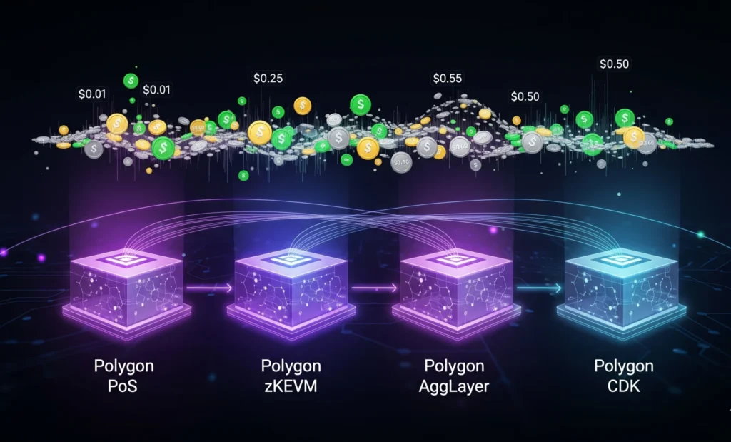 Polygon PoS, zkEVM, AggLayer, and CDK powering under-$1 altcoins.