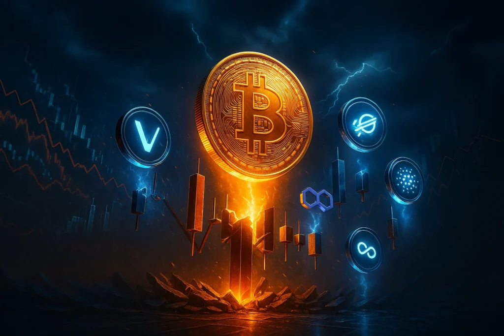 Altcoins under $1 rebounding after 2025 crypto market crash — VeChain, Hedera, Stellar, Polygon, and Cardano rising from market lows.