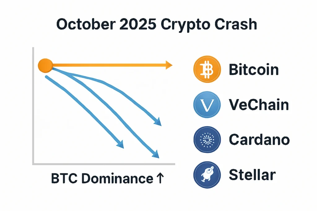 Infographic showing Bitcoin stability and altcoin decline during October 2025 crypto market crash.