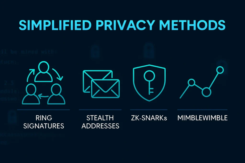 Infographic explaining privacy methods like ring signatures, zk-SNARKs, and MimbleWimble