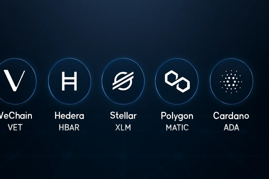 Logos of VeChain, Hedera, Stellar, Polygon, and Cardano — top altcoins under $1 after 2025 crash.
