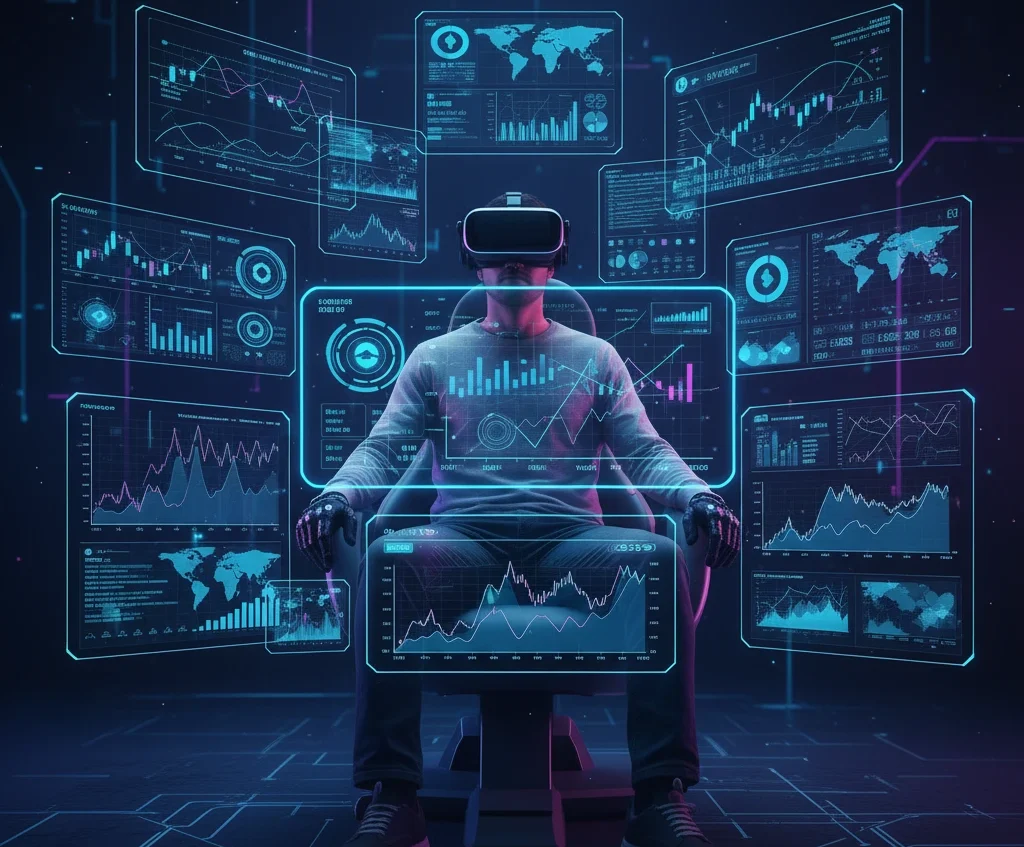 Holographic crypto research dashboard for analyzing metaverse altcoins.