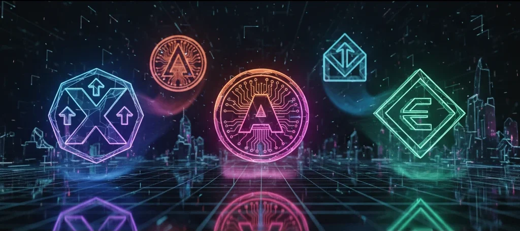 Futuristic metaverse altcoin icons representing top low-priced crypto token.