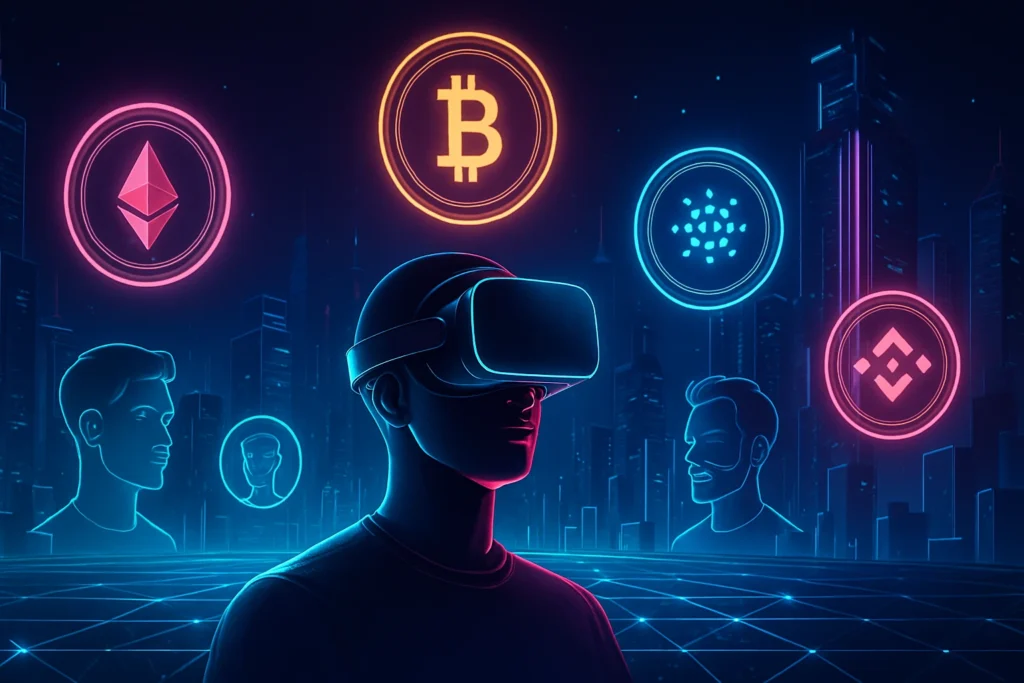 VR headset and holographic digital landscape illustrating how the metaverse works.